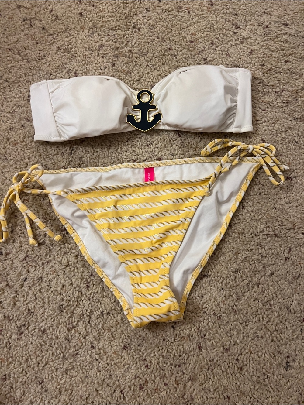 Victoria's Secret White Bandeau Bikini with Yellow Striped Tie-Side Bottoms